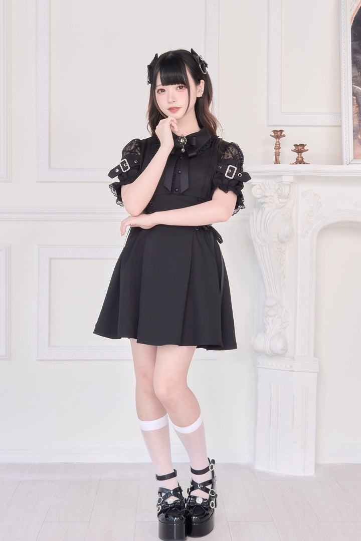 Lace Shoulder Jirai Kei Dress, Pleated Skirt 43534:779088