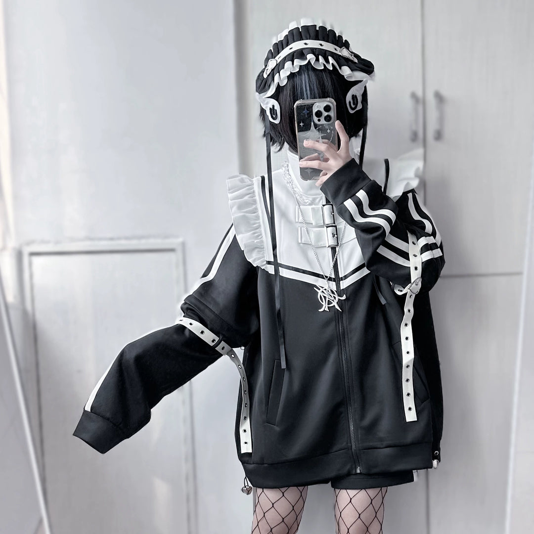 Jirai Kei Outfits Set Gray Black Jacket And Shorts Set 35728:502644