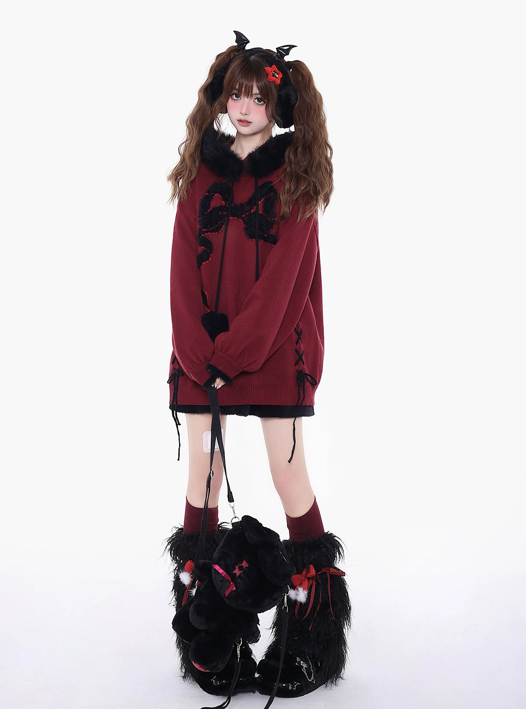 Yami Kawaii Sweater Bow Black Red Hoodie Detachable Collar 39556:639652