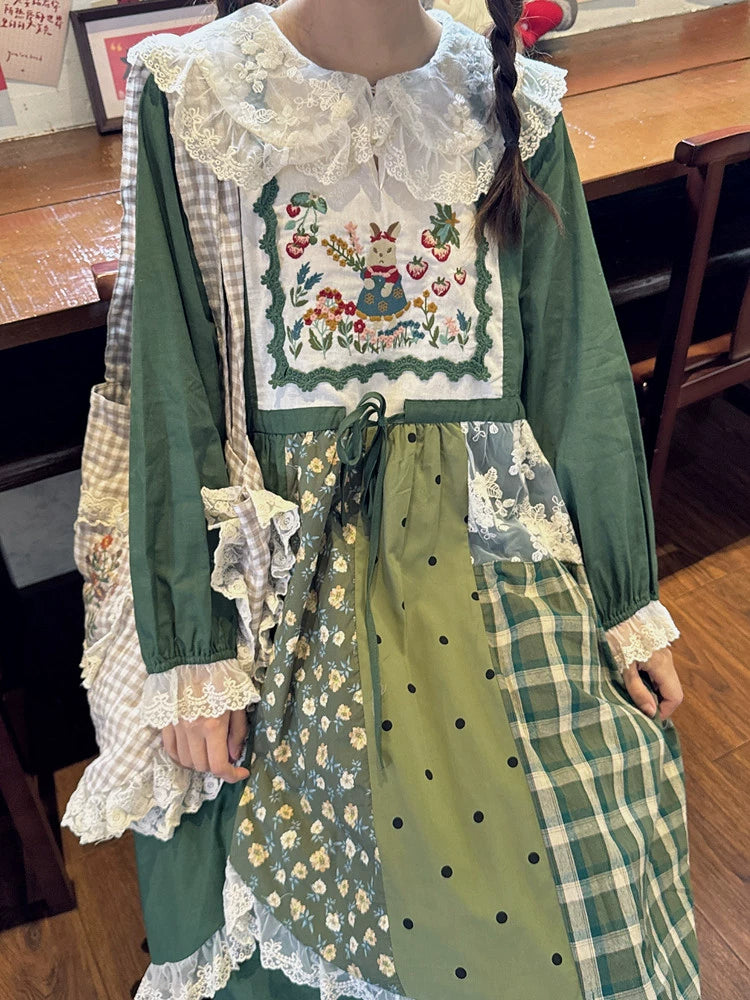 Cottagecore Dress Mori Kei Dress Green Floral Patchwork Dress 36226:525042