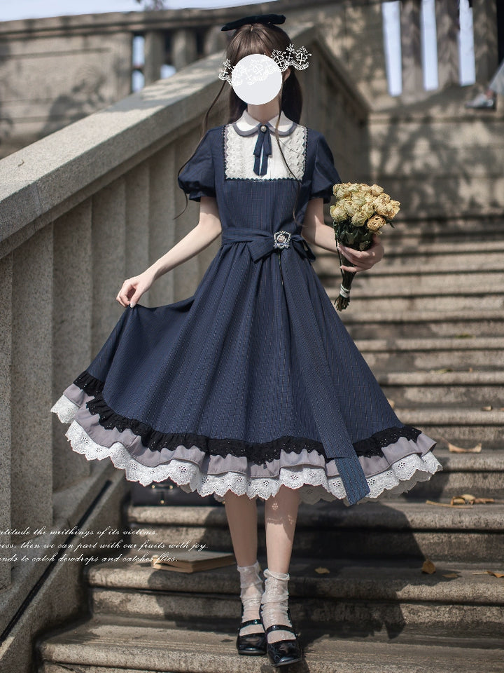Navy Preppy Style Long Dress, Peter Pan Collar 43648:782295