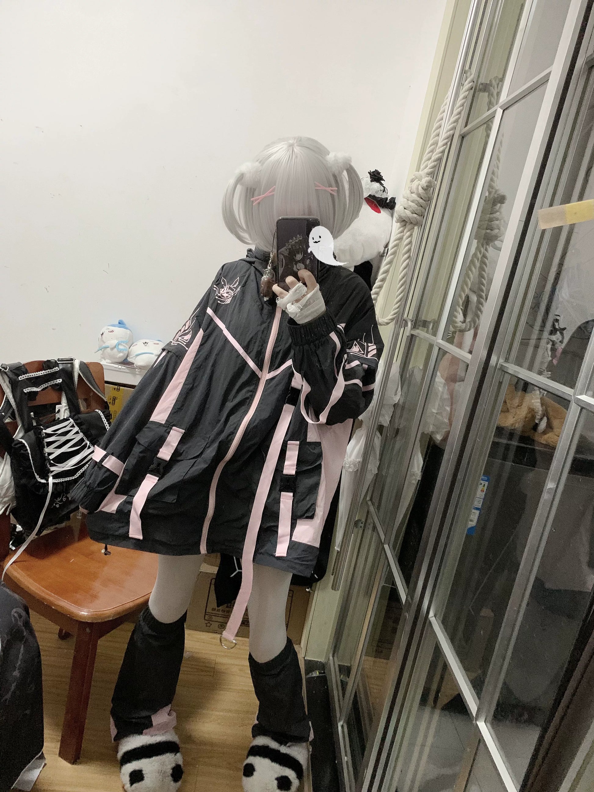 Jirai Kei Outfit Set Cyberpunk Coat Black Pink Thin Jacket 37568:563360