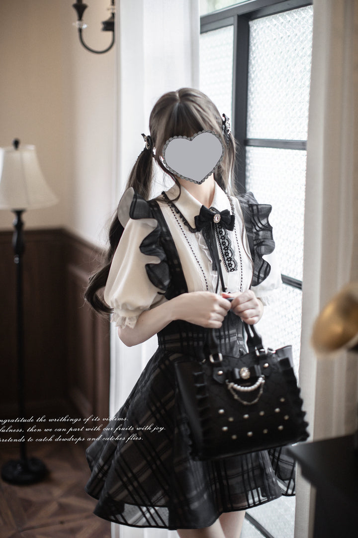 Black Jirai Kei Plaid Suspender Skirt Set with White Blouse 42918:760669