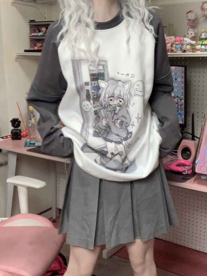 Y2K Tenshi Kaiwai Dark Grey Sky Blue Detachable Sleeves T-shirts (L M S) 29182:337070 (L M S) 29182:337070