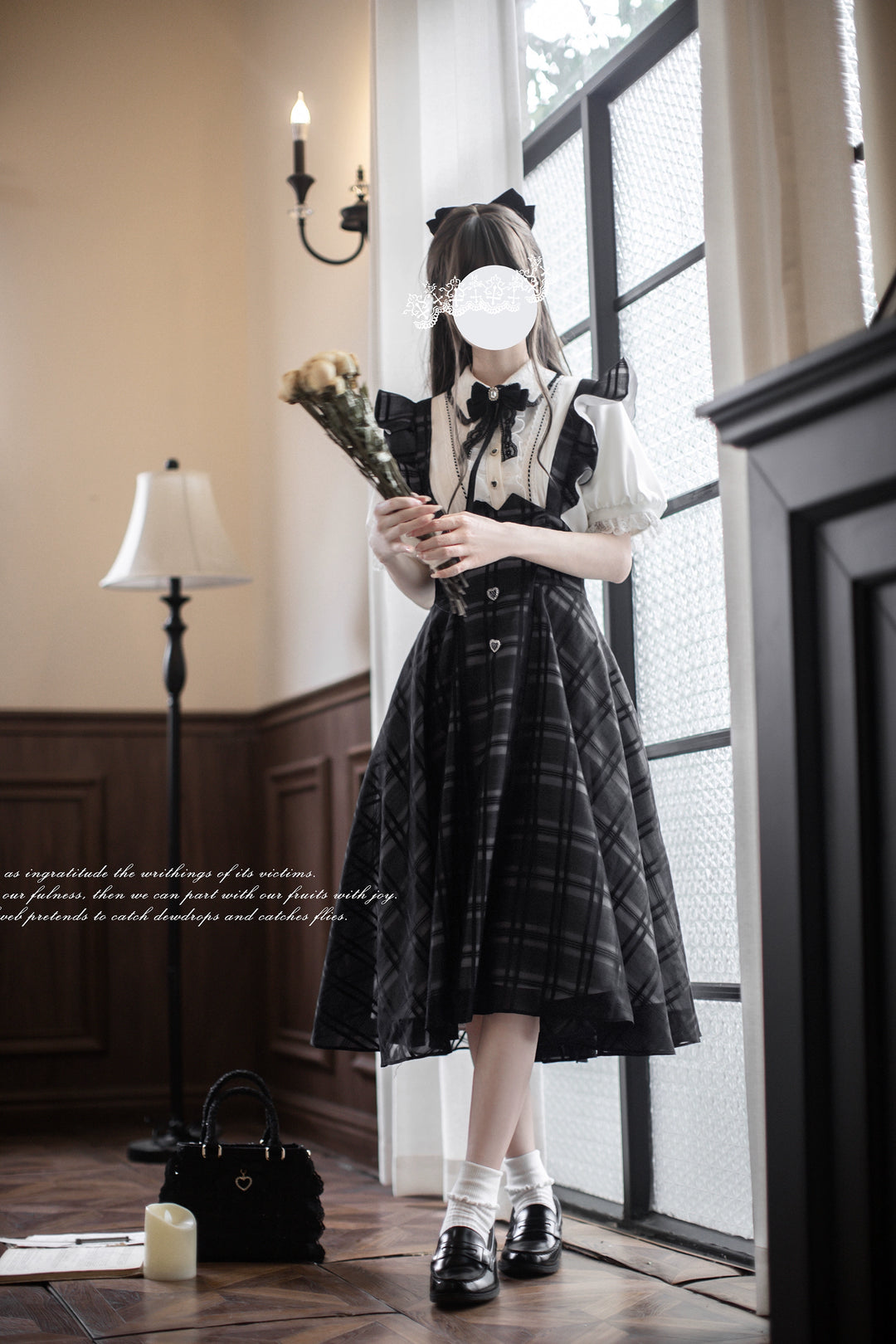 Black Jirai Kei Plaid Suspender Skirt Set with White Blouse 42918:760666
