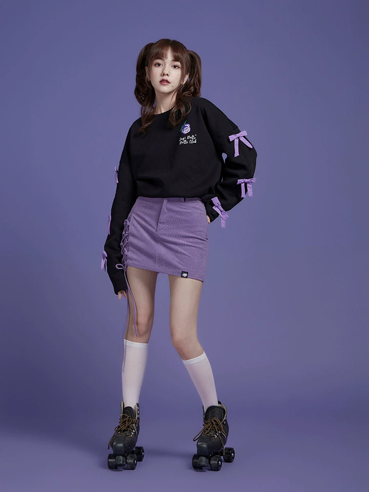 Jirai Kei Sweatshirt Purple Black Bow Rose Pullover Sweatshirt 32452:422552 32452:422552