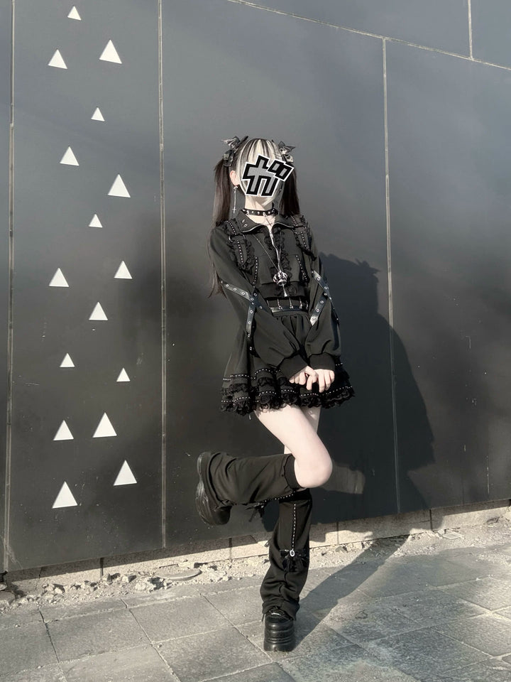 Punk Jacket and Skirt, Cross Zipper and Studs 45649:858264