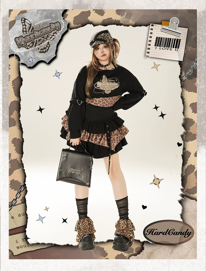 Plus Size Gyaru Outfit Set Leopard Plaid Skirt Set 39400:627786