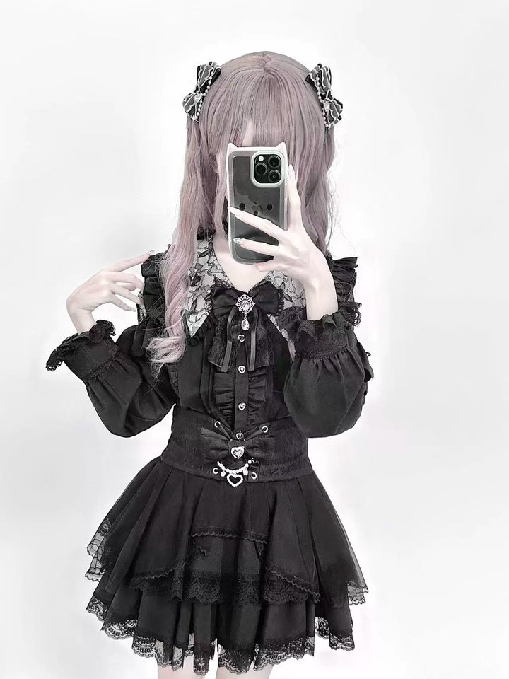 Jirai Kei Long Sleeve Blouse, Lace Open-Shoulder 44588:815061