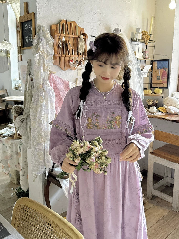 Mori Kei Dress Cottagecore Dress Purple Embroidered Dress (Purple) 36248:534498