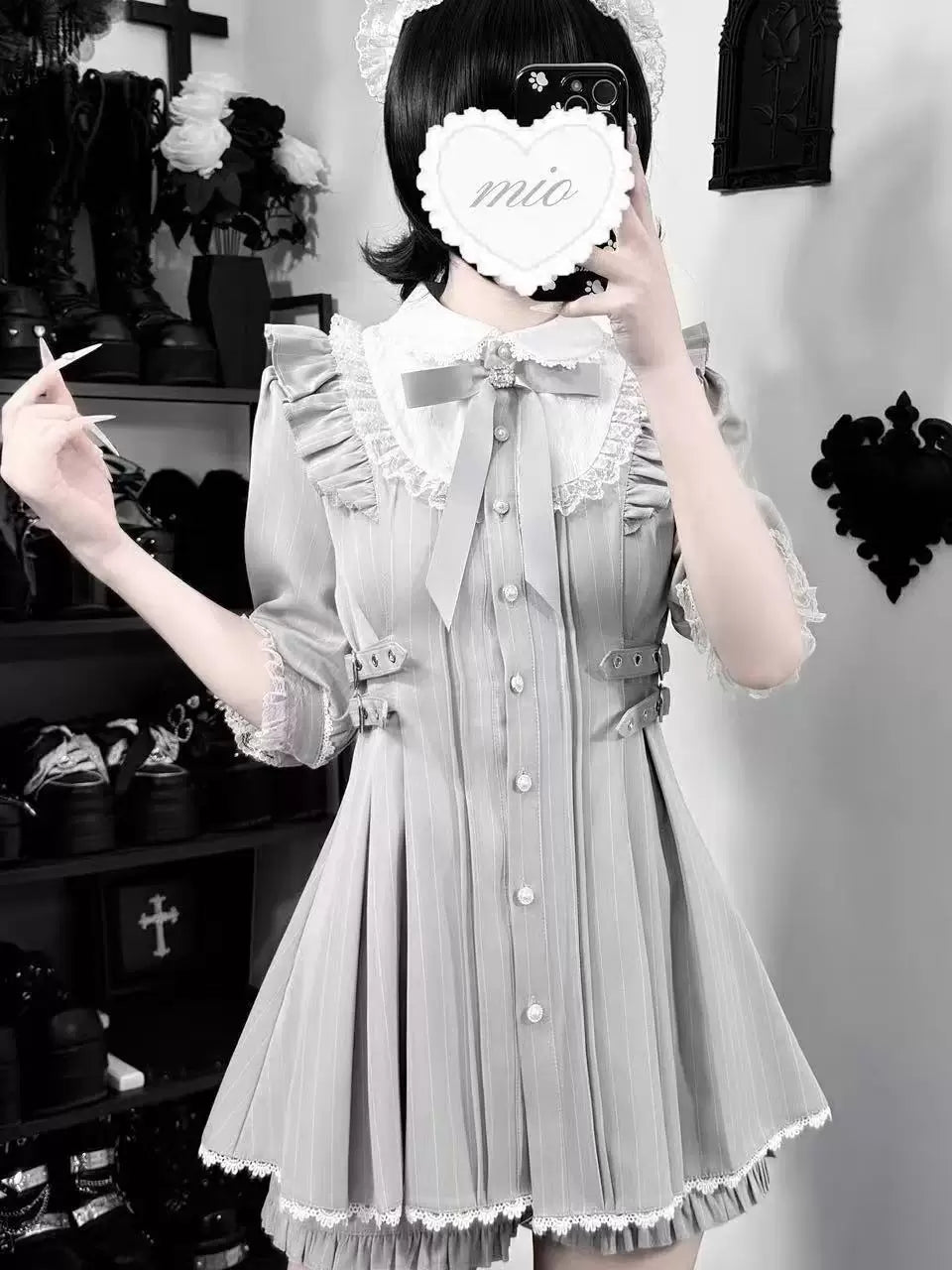Jirai Kei Striped Dress, Lace Peter Pan Collar 45561:855068