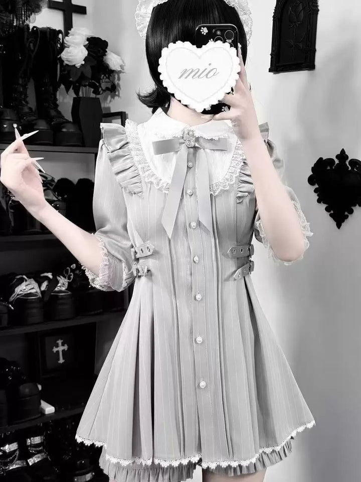 Jirai Kei Striped Dress, Lace Peter Pan Collar 45561:855068