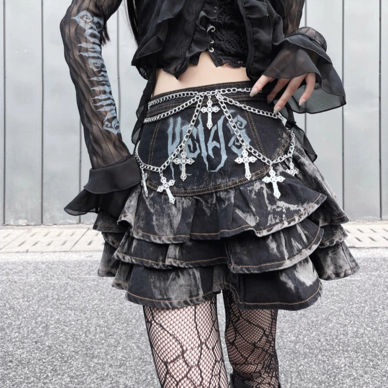 Gothic Puffy Skirt Subculture High Waist Denim Skirt 37472:560772