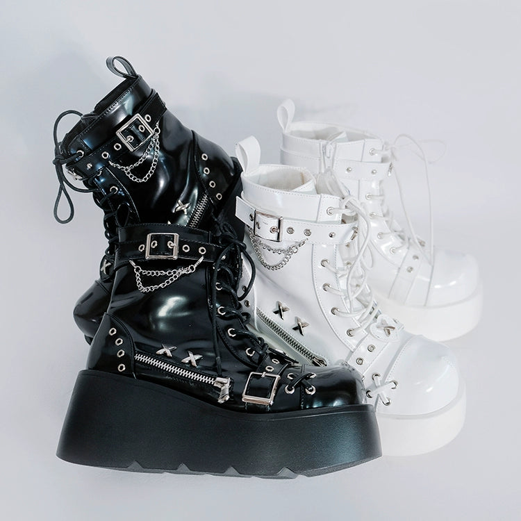 Punk Shoes Black White Platform Gyaru Fashion Combat Boots 29710:368844