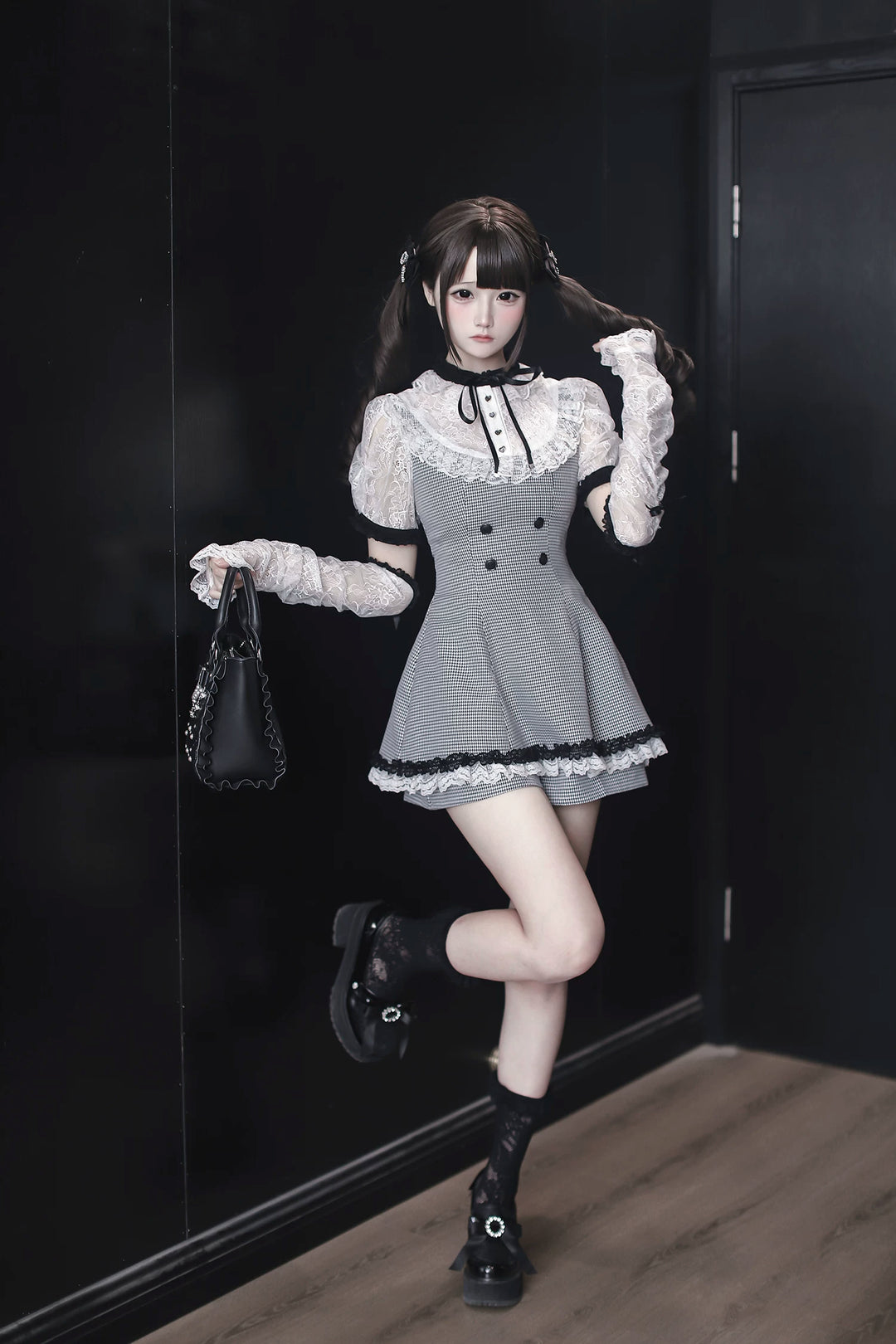 Jirai Kei Houndstooth Pattern Dress, Lace & Detachable Sleeves 44922:828293