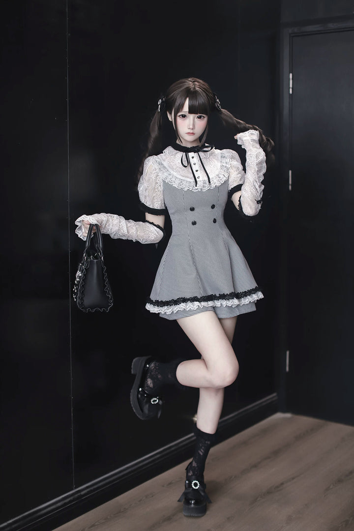 Jirai Kei Houndstooth Pattern Dress, Lace & Detachable Sleeves 44922:828293