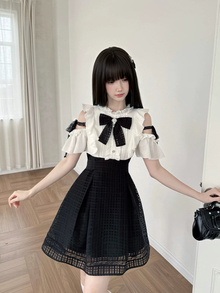 Seiso Kei Open Shoulder Dress, Black Lace Straps 45799:863059