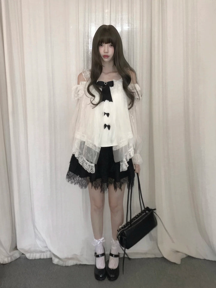 Lightweight Tulle Off Shoulder Blouse, Feather-Design Skirt 45343:850503
