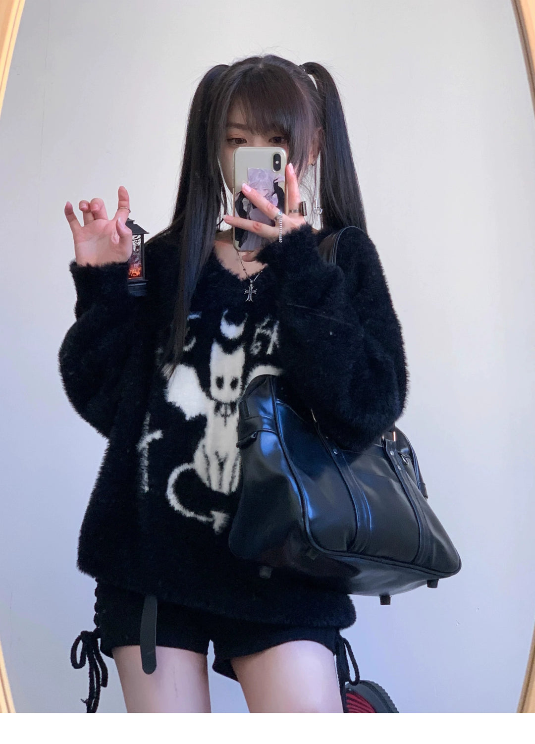 Yami Kawaii Sweater Devil Cat Black Loose Warm Top 39738:640348