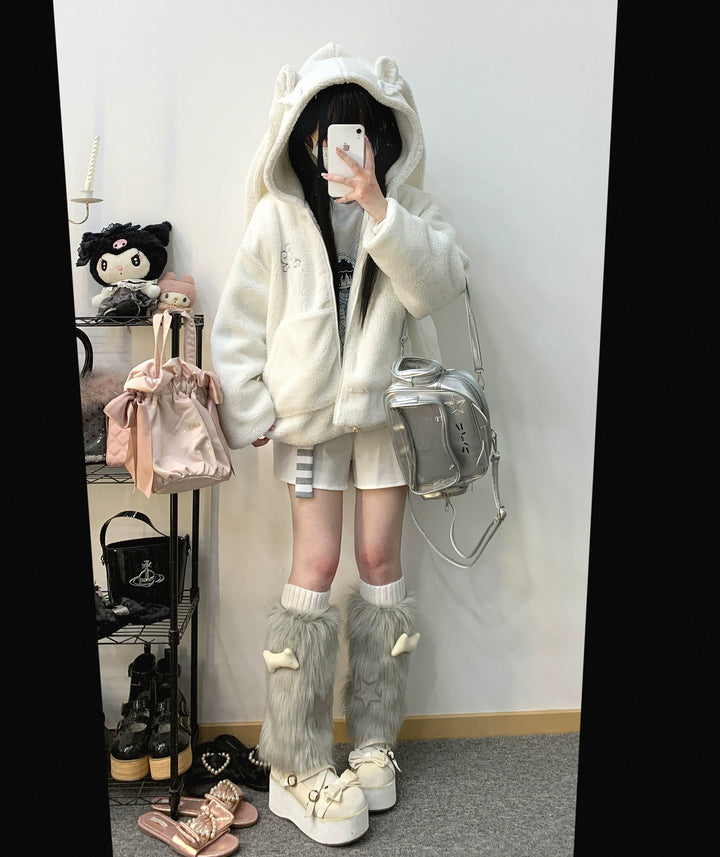 Jirai Kei White Black Coat Zipper Rabbit Ear Lamb Fleece Coat 31862:371866 31862:371866