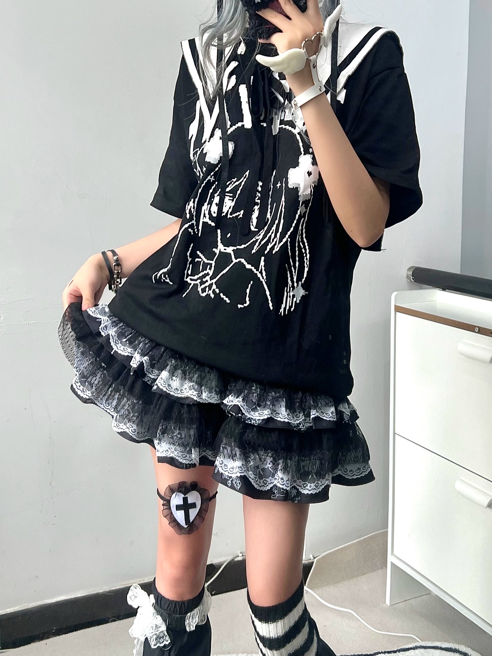 Jirai Kei Skirt Gothic Punk Skirt Black Lace Puff Skirt 36582:558584