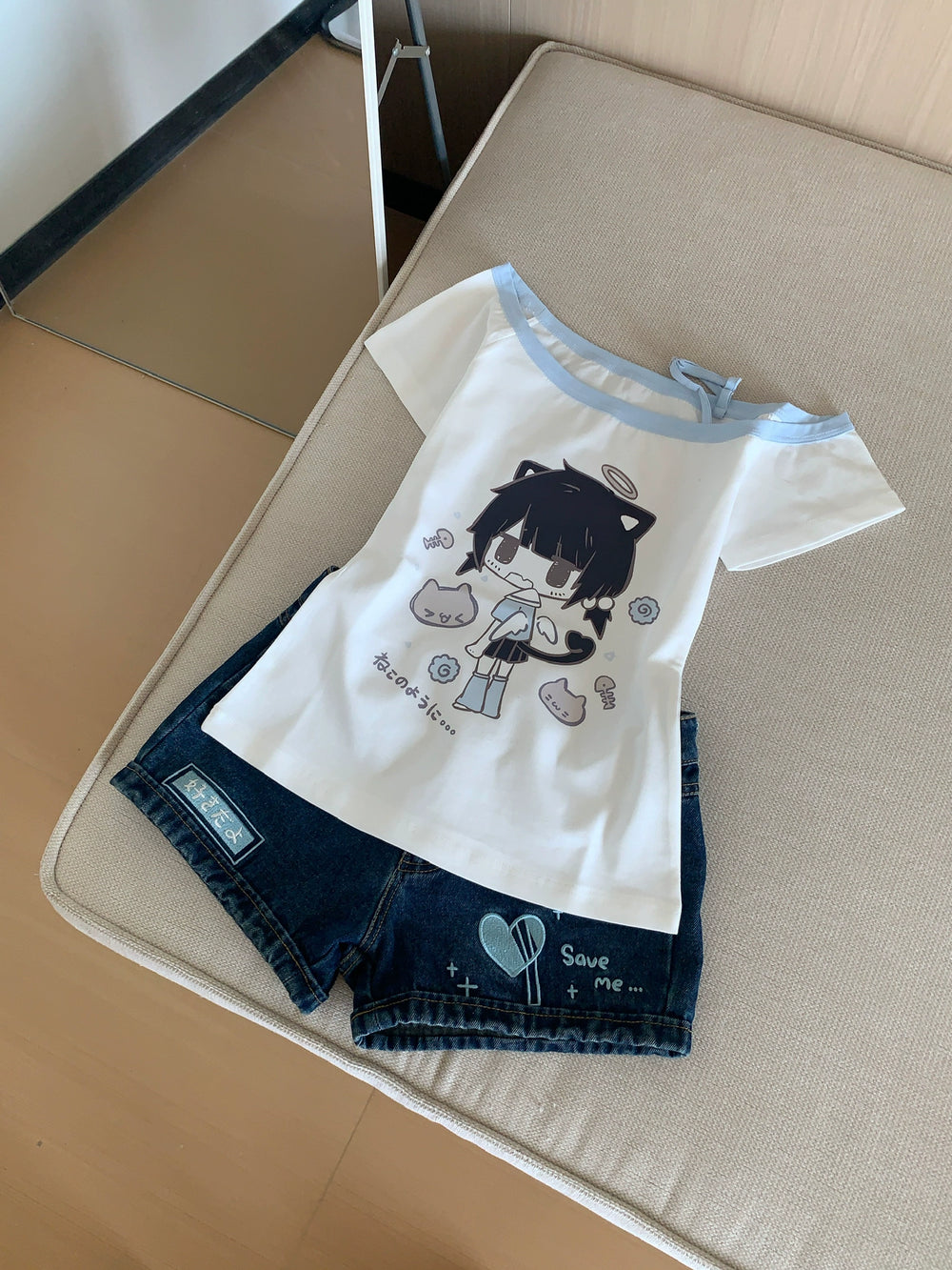 Open-Shoulder Summer Kawaii T-Shirt, Otaku Style Print 43559:779904