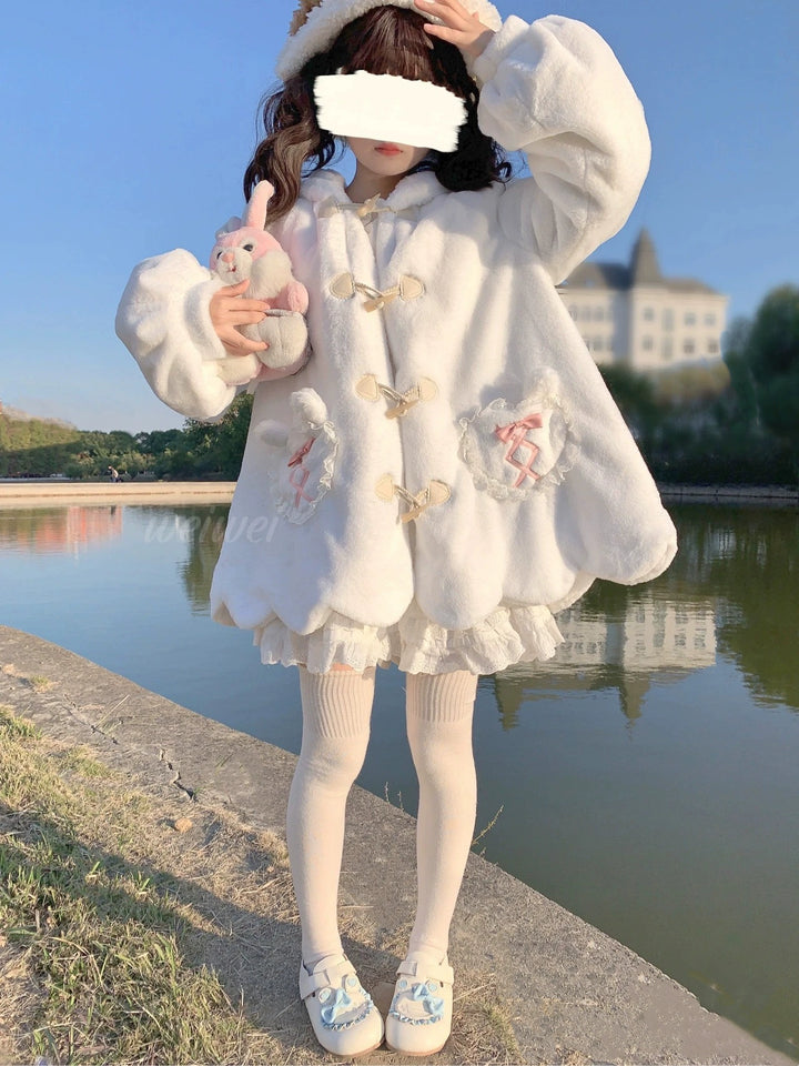 Sweet Lolita Coat White Plush Bunny Ear Winter Coat 40294:678392