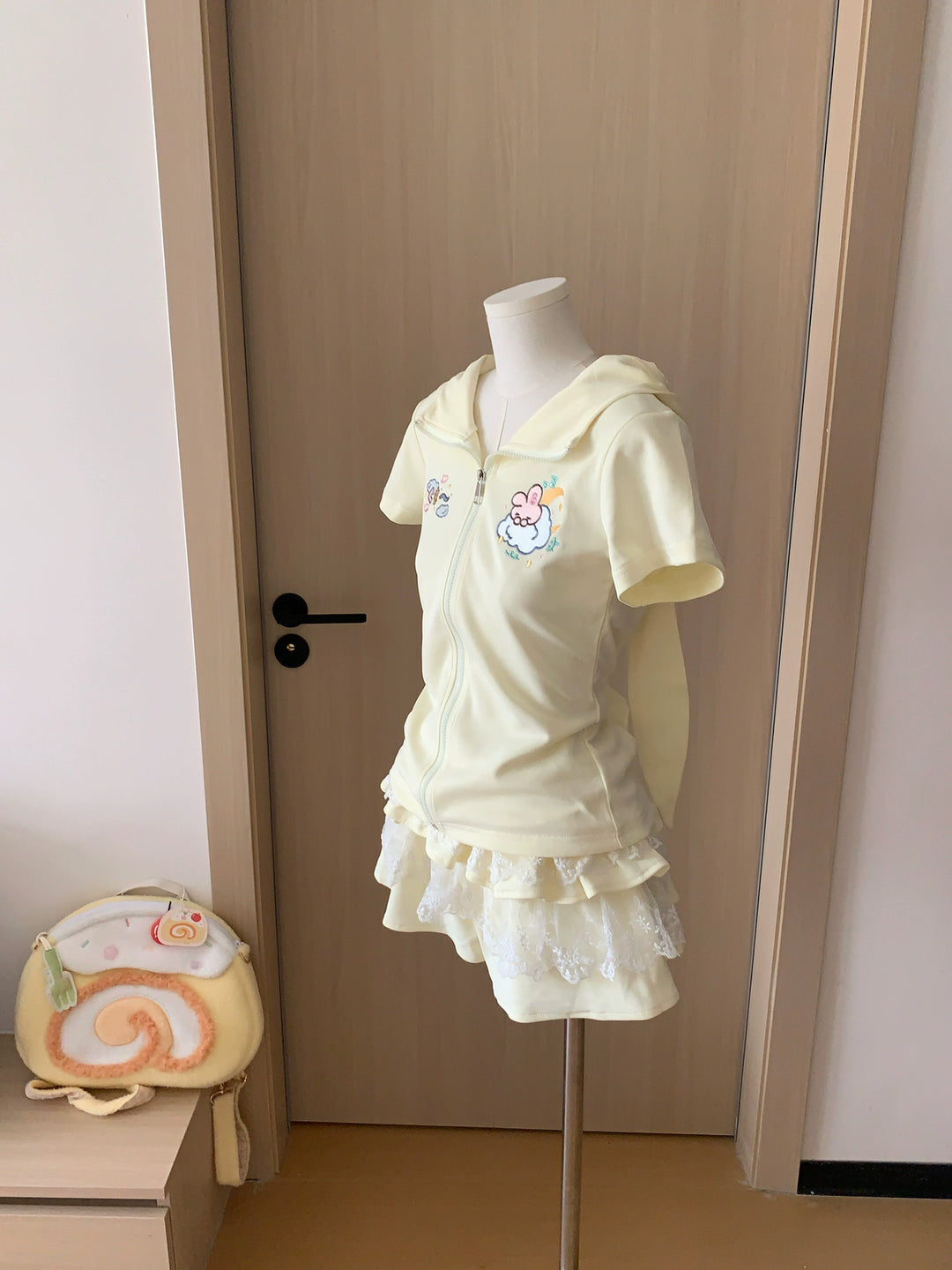 Bunny Eared Kawaii Zip Up Sweatshirt + Lace Skirt 43562:779968