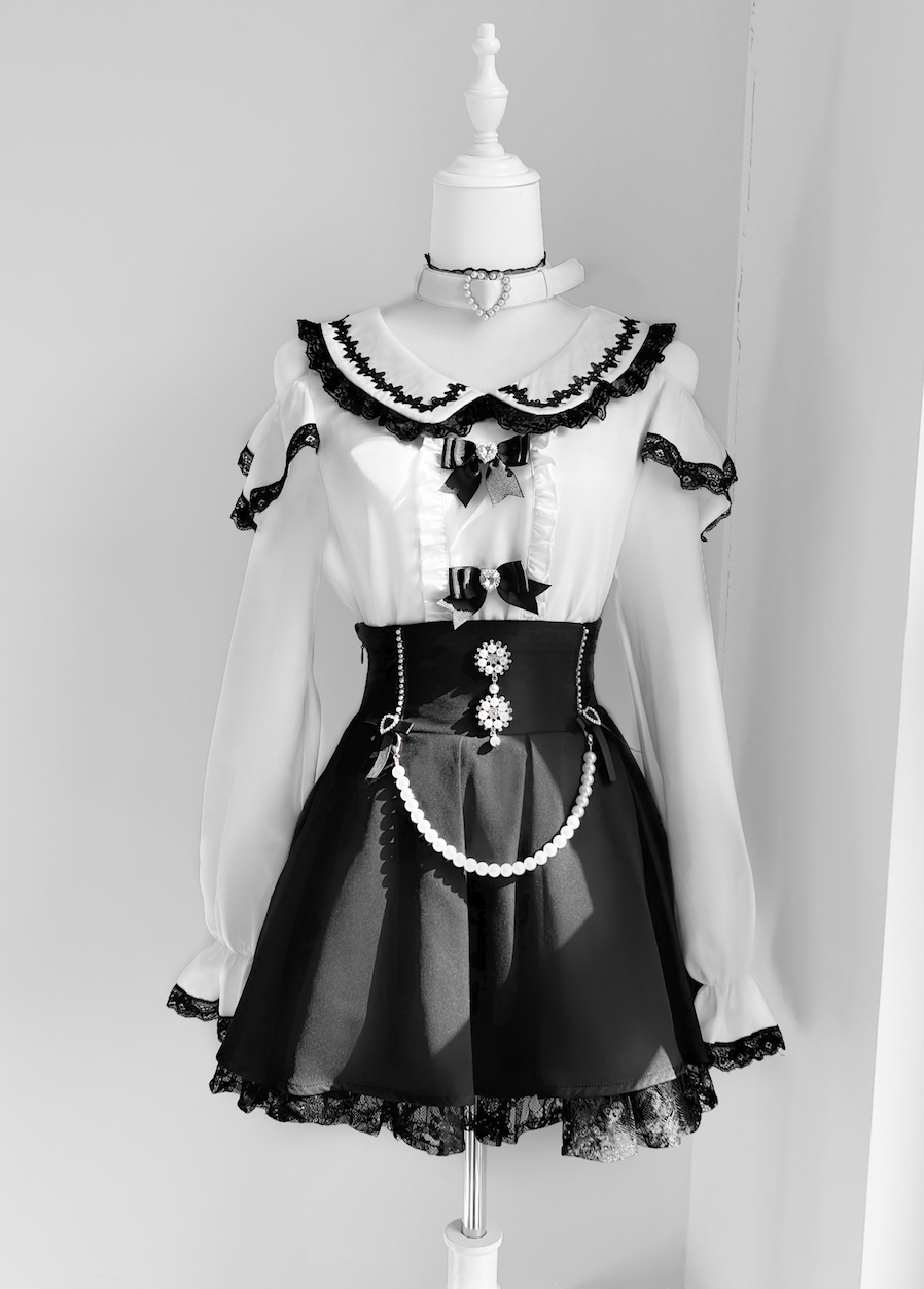 Jirai Kei Shirt Open Shoulder Blouse Chain Black Skirt Heart Choker 42164:729281