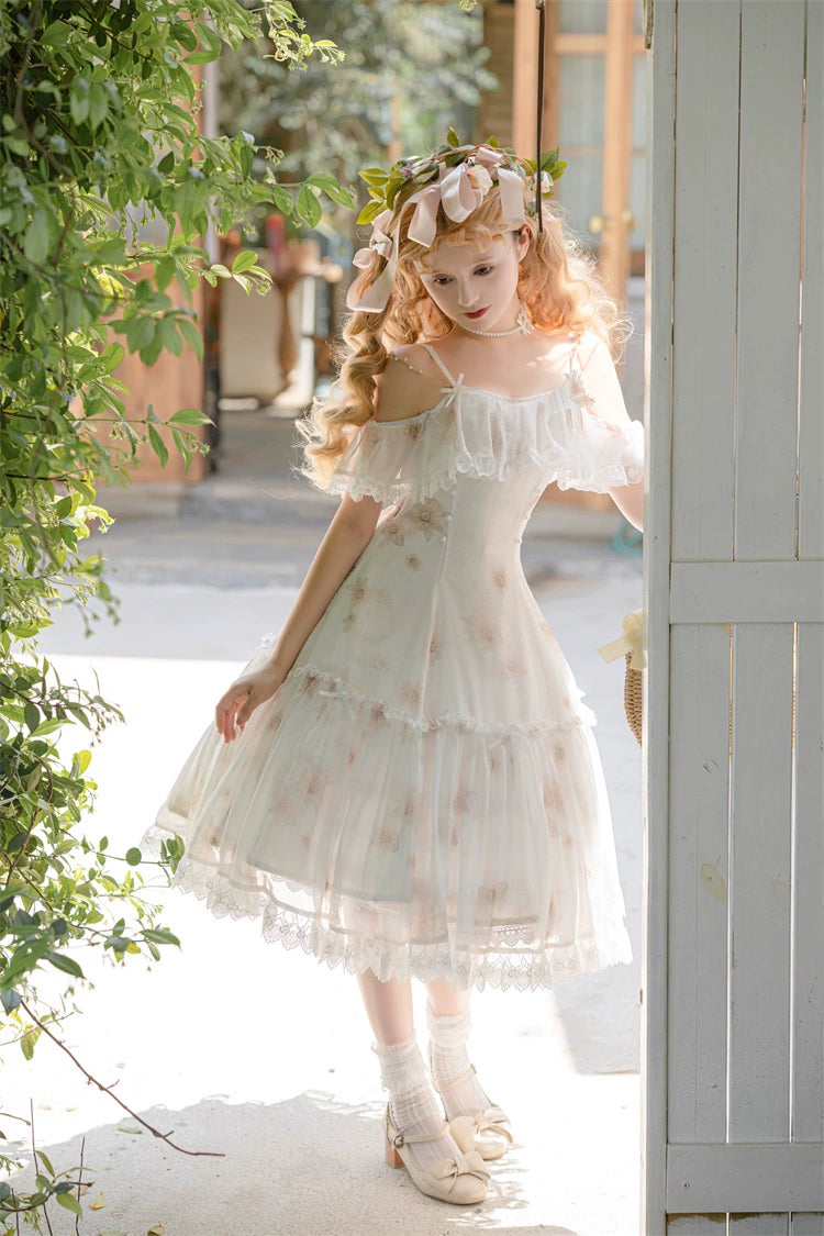 Lolita Dress Sunflower Print JSK White Strap Lolita Dress 36480:545900