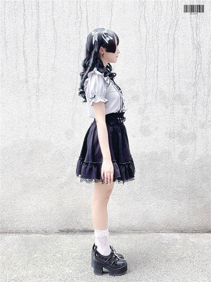 Black Jirai Kei Skirt Heart Buckle Cross-Strap Overalls 31996:397326