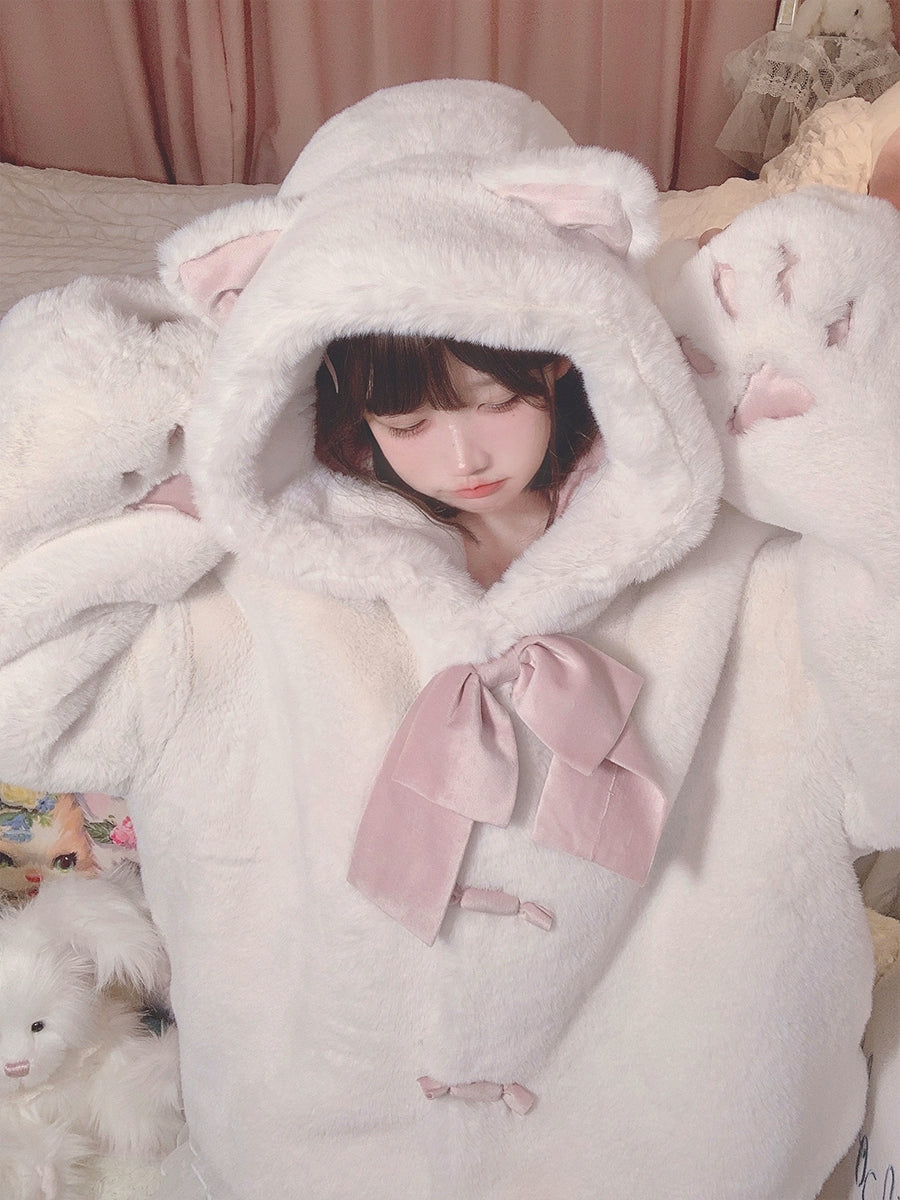 Jirai Kei White Black Plush Coat Lolita Kawaii Cat Fleece Coat 32404:384818