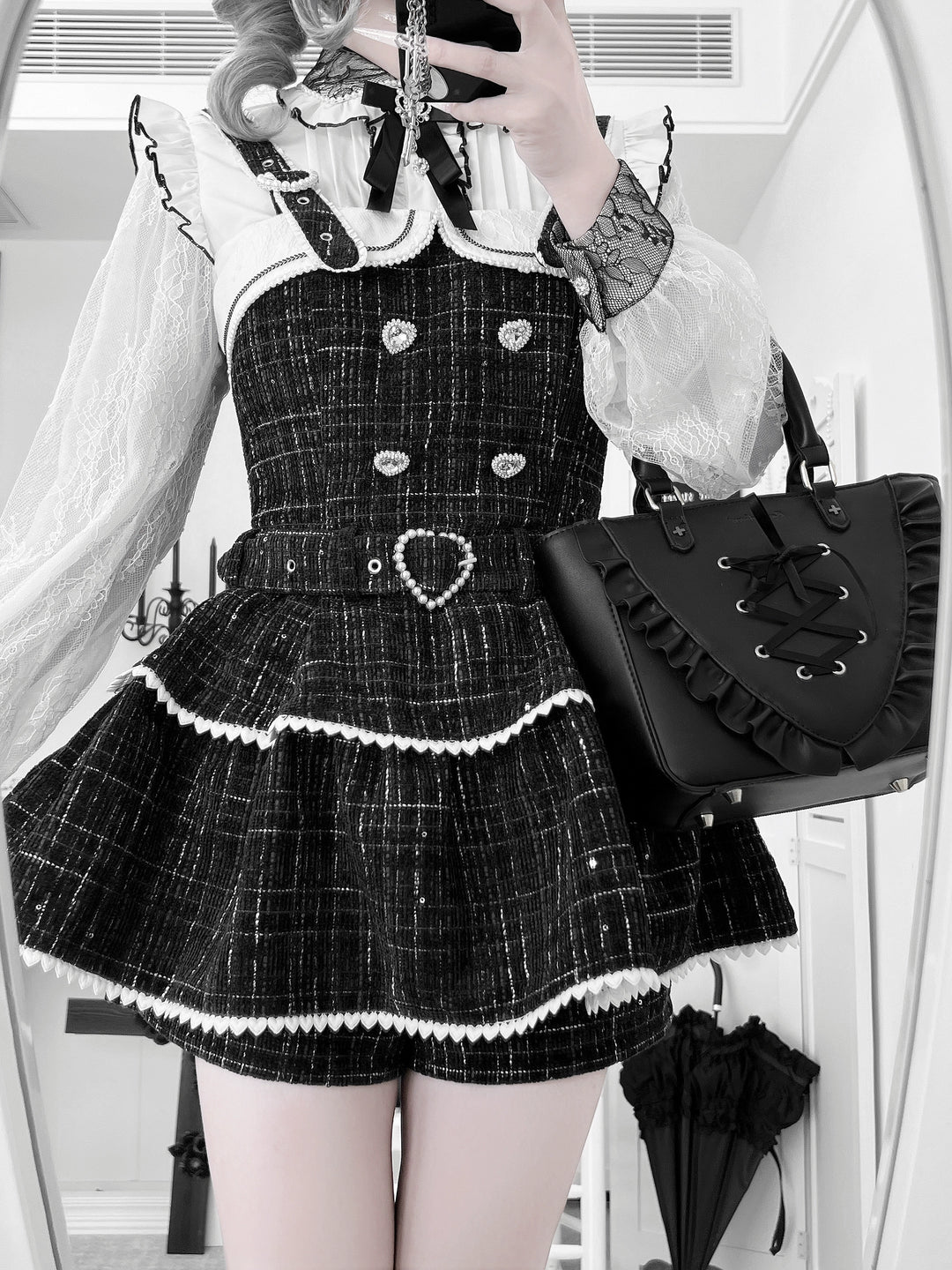 Tweed-like Jirai Kei Suspender Skirt, Matching Shorts 44178:799984