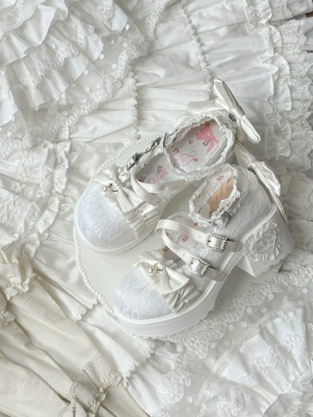 Classic Lolita Mary Jane Shoes, Lace Tulle & Ribbon Bow (Off-White / 34 35 36 37 38 39 40 41 42) 46012:873454