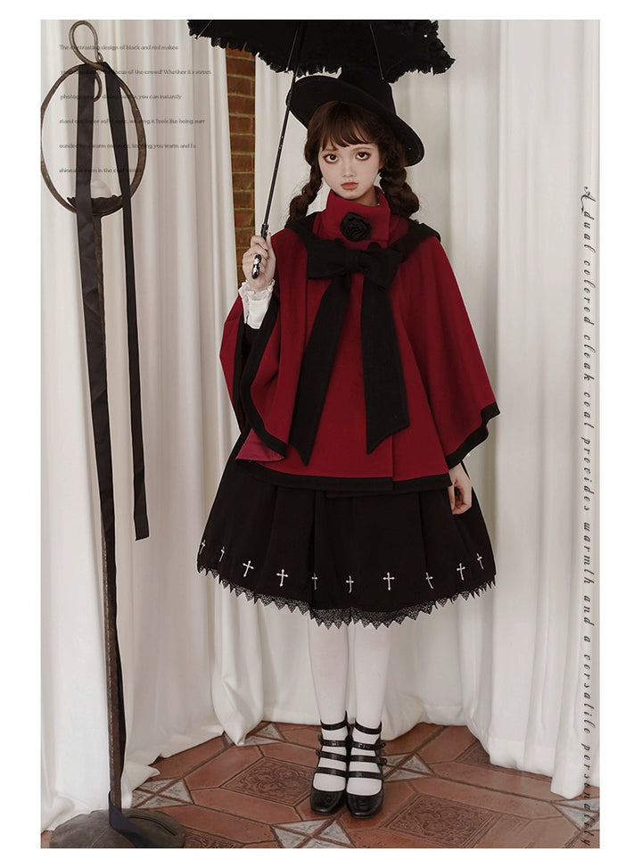 Elegant Lolita Winter Coat Black and White Camellia Cape 40284:658250