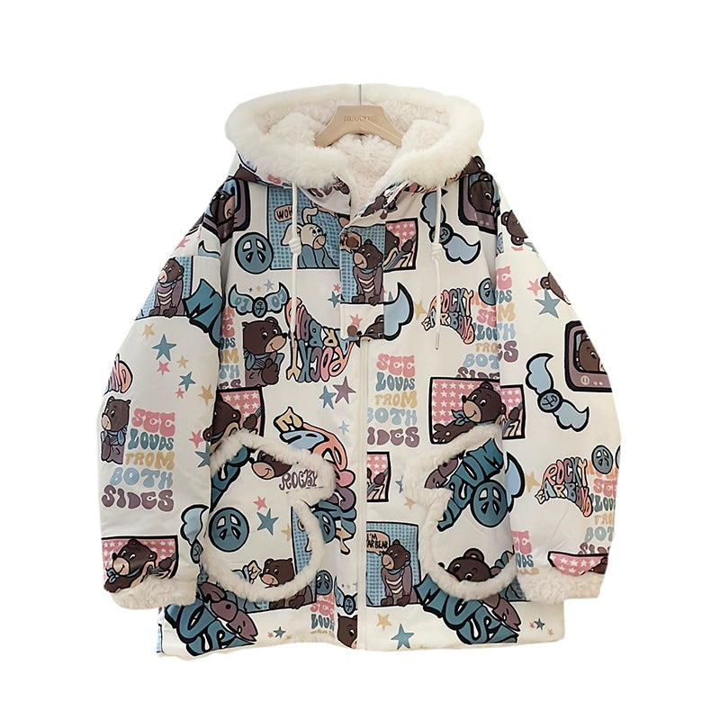 Kawaii Winter Coat Thickened Print Reversible Hooded Coat 39796:640888