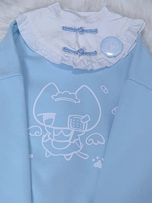 Jirai Kei Black Blue Hoodie With Cat Print 29252:340330
