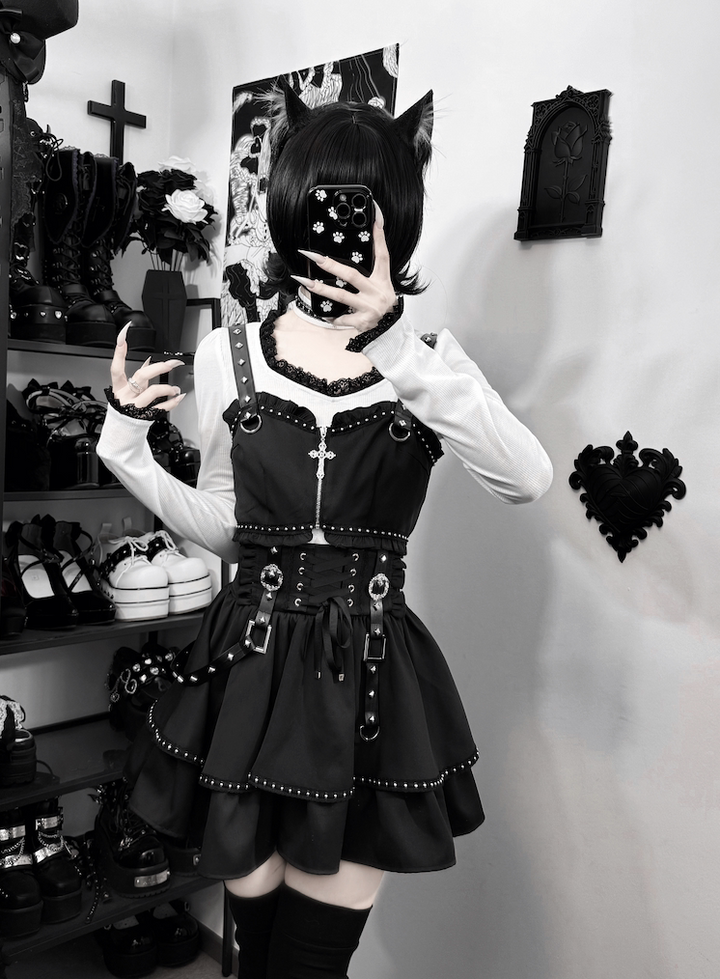 Jirai Kei Skirt Outfit, Top With Detachable Camisole 44809:822713