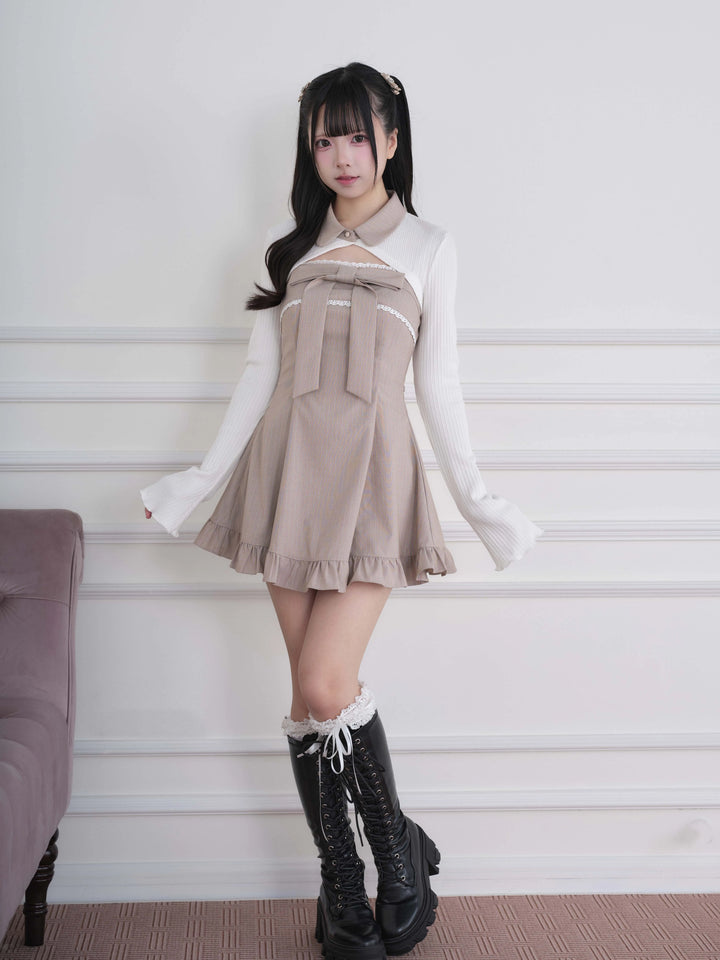 Ryousangata Dress & Knit Bolero Set, Plaid/Striped Pattern 46030:873186