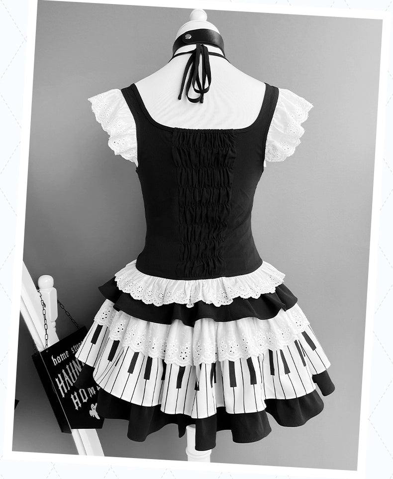 Halter Neck Kawaii Skirt Set, Cat and Piano Print 43577:780201