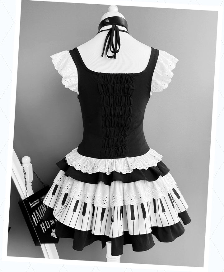 Halter Neck Kawaii Skirt Set, Cat and Piano Print 43577:780201
