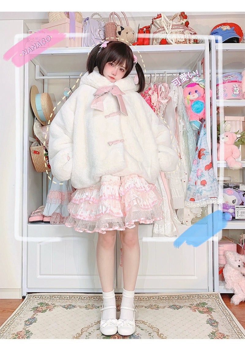 Jirai Kei White Black Plush Coat Lolita Kawaii Cat Fleece Coat 32404:385980