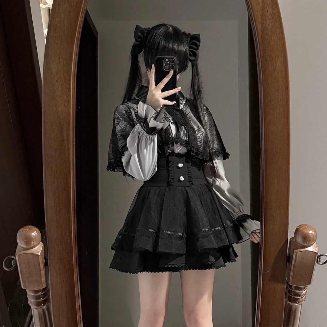 Jirai Kei Winter Cape, Lace Blouse, High-Waist Skirt (2XL 3XL 4XL L M S XL) 44199:808460