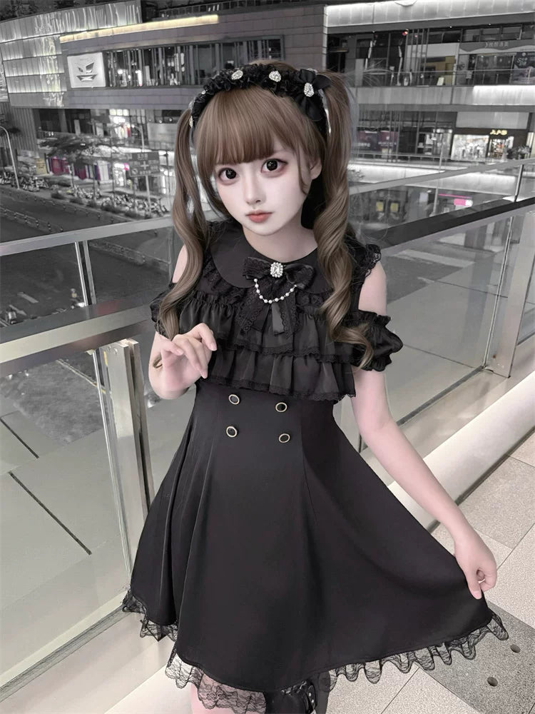 Jirai Kei Open Shoulder Dress, Layered Chest Ruffles 45366:847739