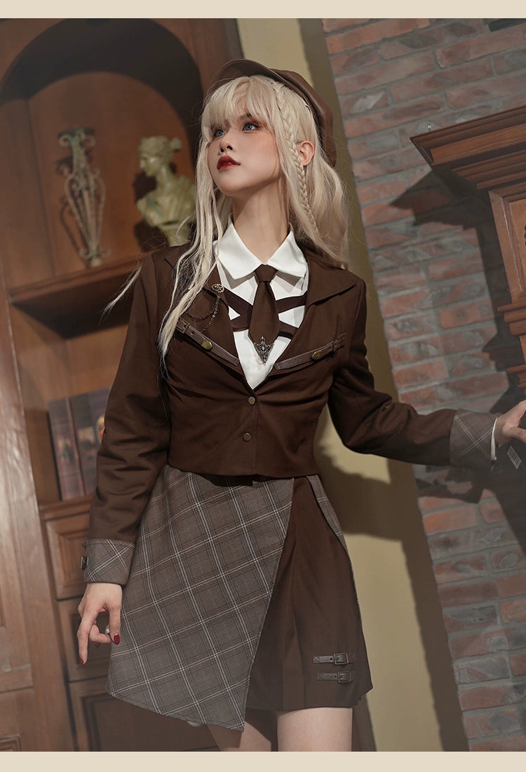 Preppy Style Brown Jacket Blouse Skirt Set 29528:350386