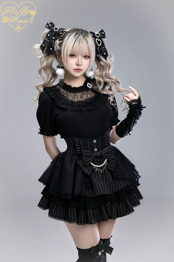 Striped High Waist Jirai Kei Skirt, Detachable Bow 43679:785973