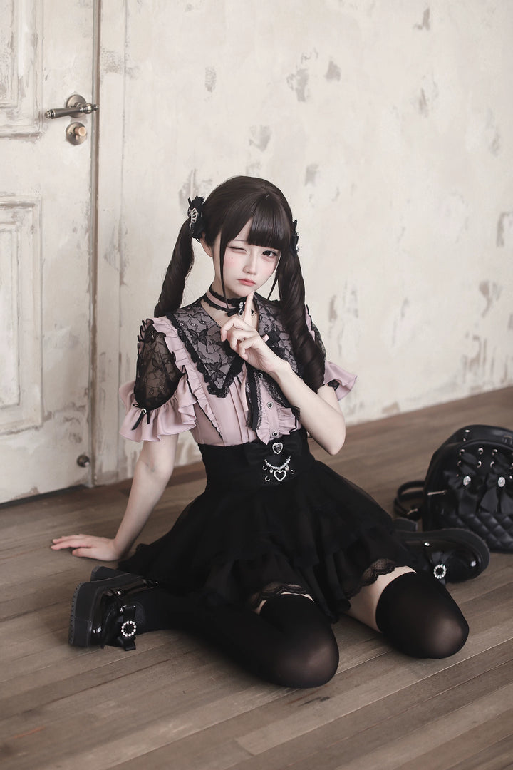 Jirai Kei Lace Sleeve Blouse, Ruffle Details 45194:841392