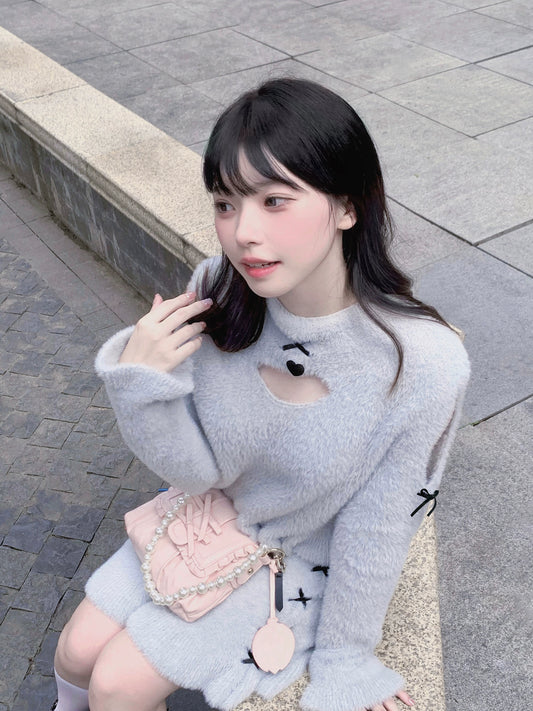 Ryousangata Grey Off-Shoulder Sweater Skirt Set 32464:420336