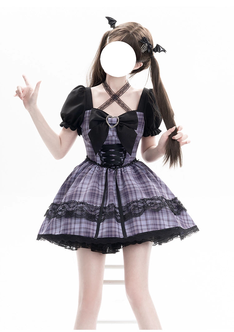 Jirai Kei Dress Puff Sleeves Purple Dress Heart Buckle Dress 36418:570252