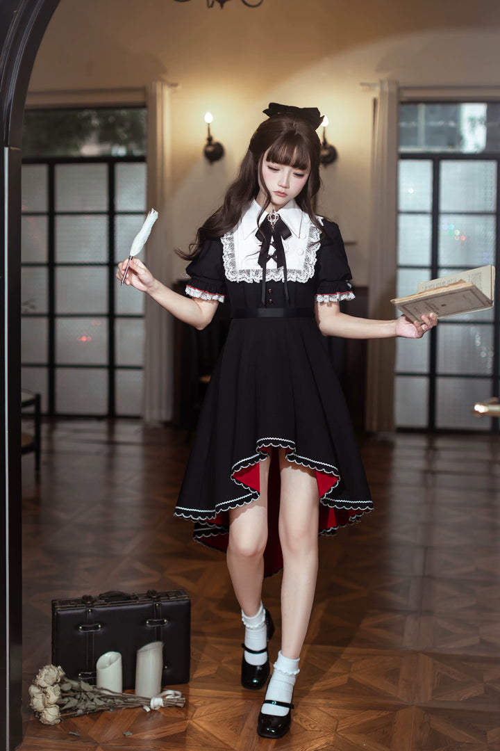 Gothic Style Lace Trim Dress, High-Low Hem 45334:848915